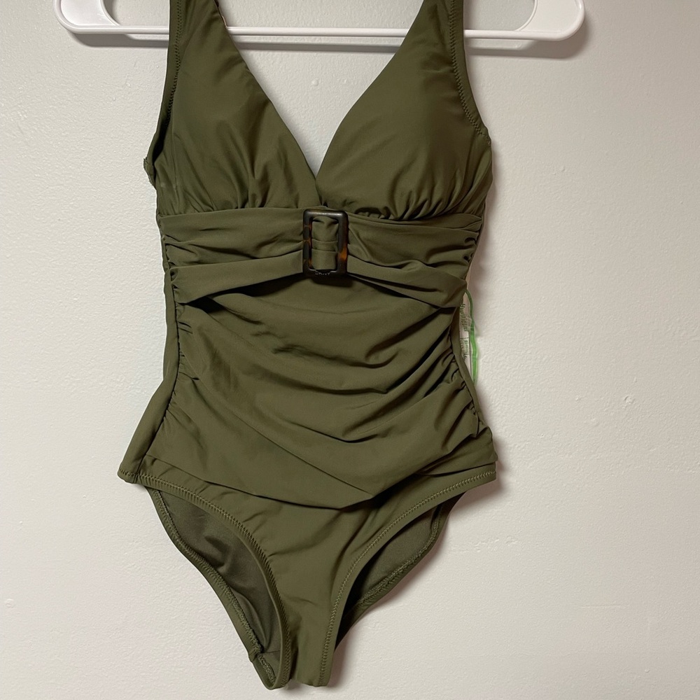 DKNY Olive Green Kids One-Piece Swimsuit with Decorative Buckle